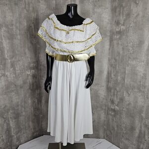 Vintage 80s Menu Greek Goddess White Peasant Dress Gold Trim Ruffle Off Shoulder